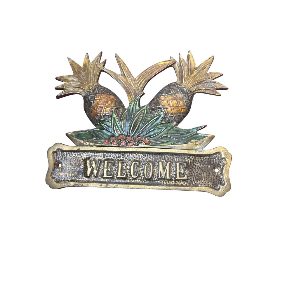 Vintage Pineapple Welcome Sign Wall Hanging Tropical Decor Brass Tone Made India